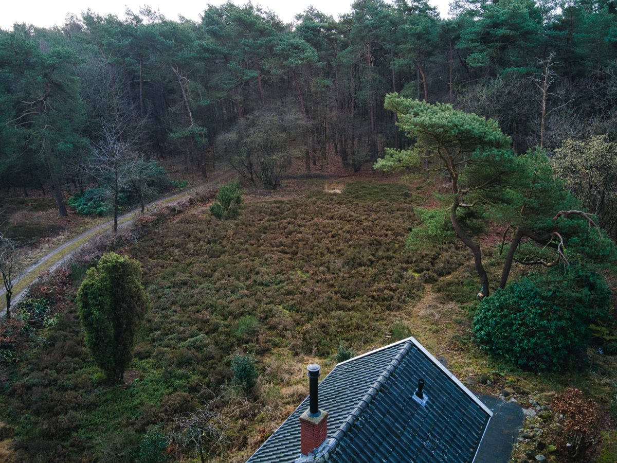 20220128 Uitzicht over het dak van de Schuilplaats naar heideveld in box in Norg in Drenthe